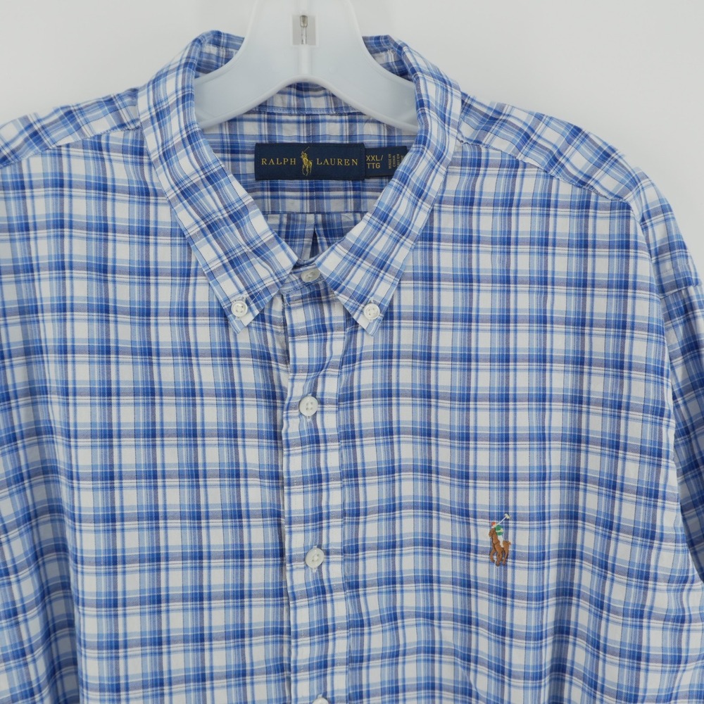 Ralph Lauren Button Down Shirt Mens XXL Blue White Plaid Long Sleeve Pony Logo